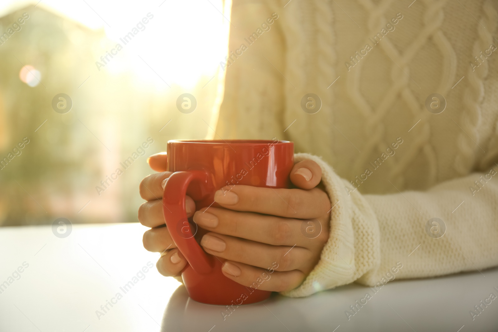 Photo of Woman holding elegant cup at table indoors, closeup