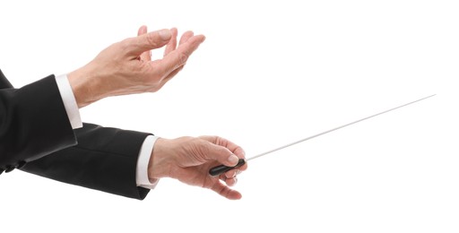 Photo of Professional conductor with baton on white background, closeup