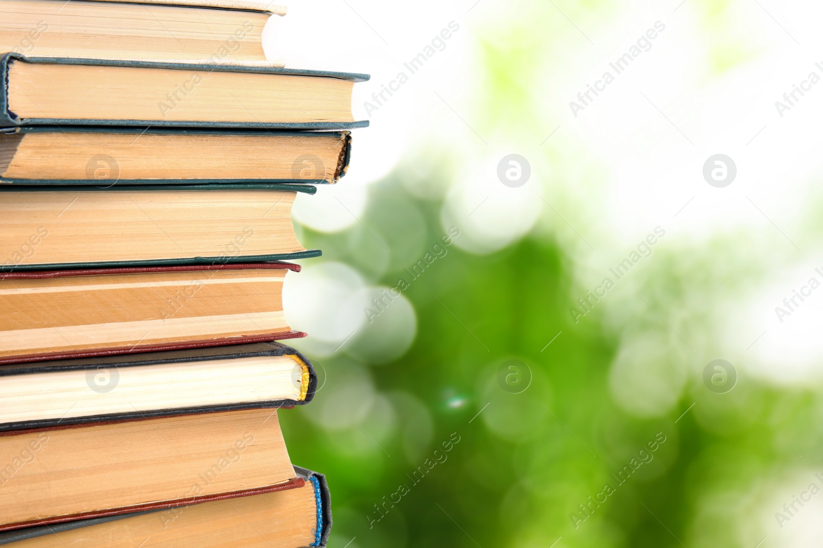 Image of Collection of different books on blurred green background, space for text