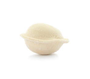 Photo of Raw dumpling with tasty filling on white background