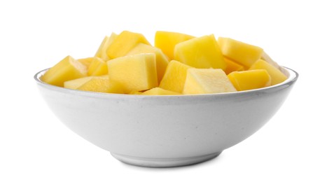 Tasty mango cubes in ceramic bowl isolated on white