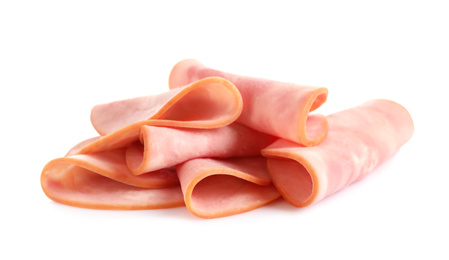 Photo of Slices of tasty fresh ham isolated on white
