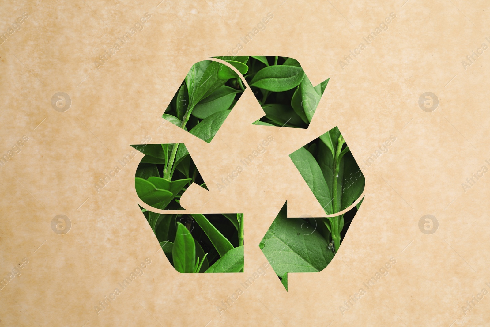 Image of Recycling symbol made of green leaves on kraft paper