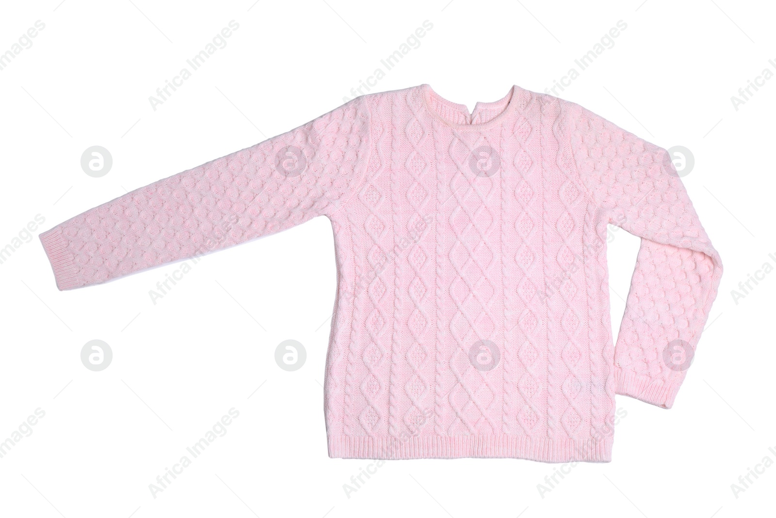 Photo of Pink knitted sweater on white background, top view