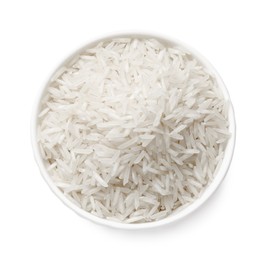 Photo of Raw basmati rice in bowl isolated on white, top view