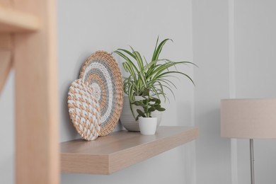 Photo of Wooden shelf with beautiful houseplants and home decor on light wall in room