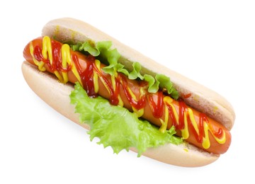 Photo of Tasty hot dog with lettuce, ketchup and mustard isolated on white, top view