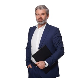 Photo of Portrait of serious man with clipboard on white background. Lawyer, businessman, accountant or manager