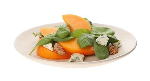 Delicious persimmon salad with blue cheese and spinach isolated on white