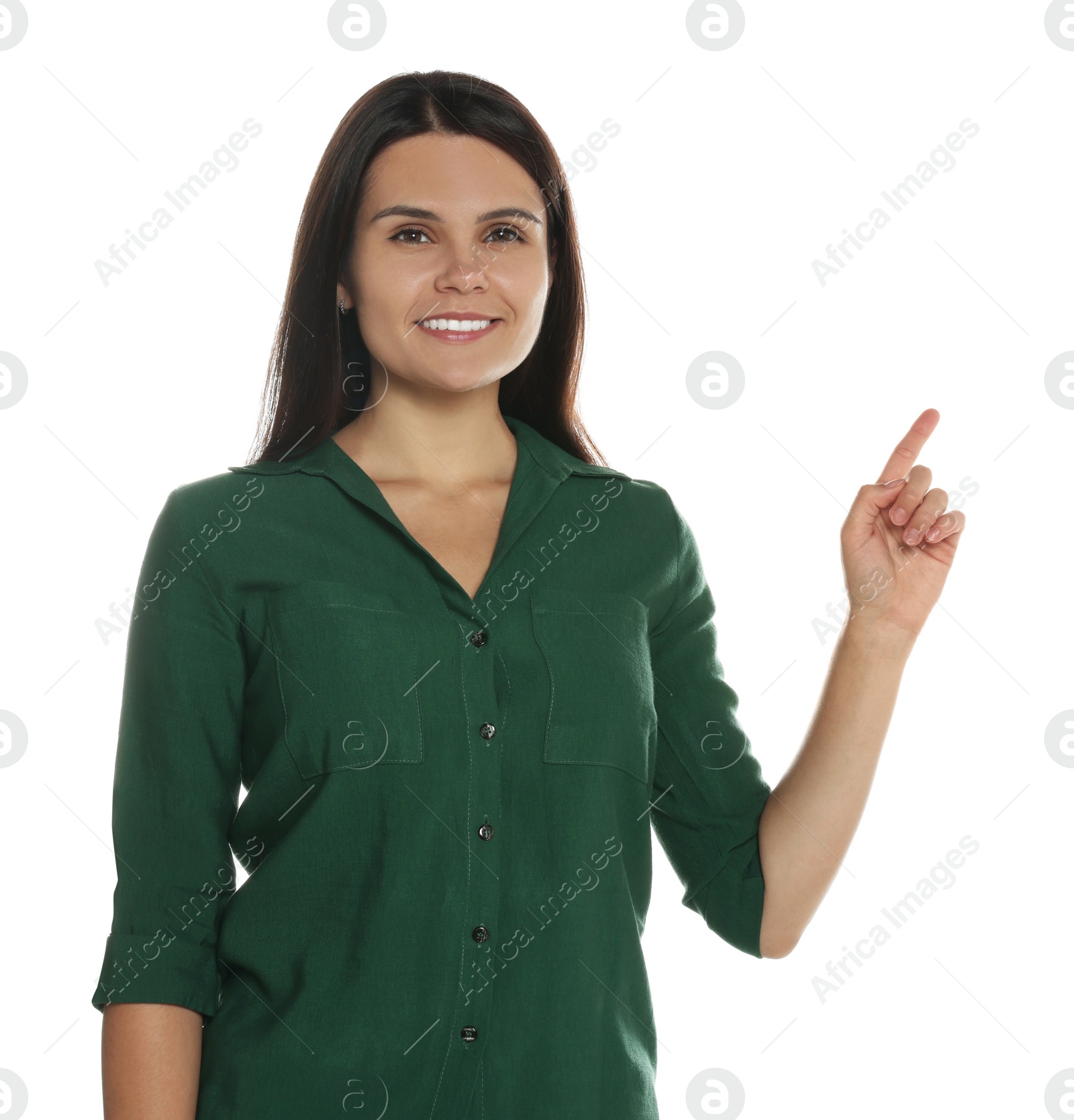 Photo of Beautiful young woman gesturing on white background. Weather forecast reporter