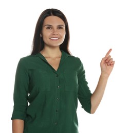 Beautiful young woman gesturing on white background. Weather forecast reporter