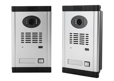 Image of Modern intercom door stations on white background, collage