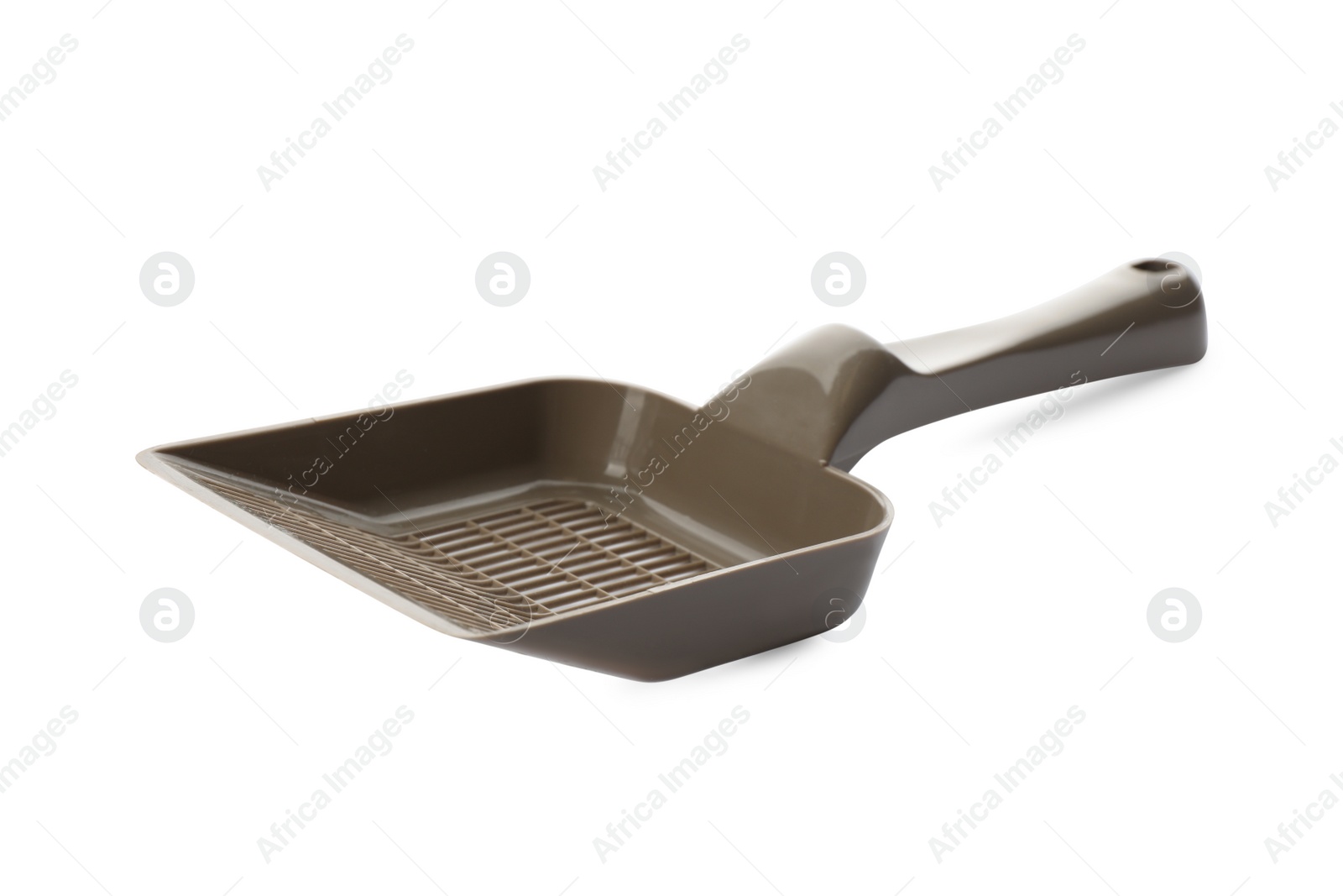 Photo of Grey plastic scoop for cat litter isolated on white