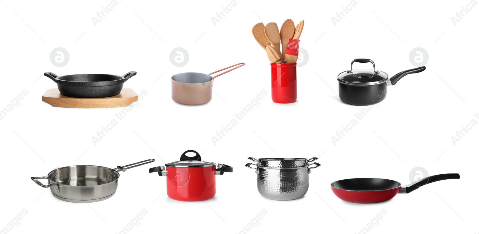 Image of Set with pans, cookware and kitchen utensils on white background. Banner design