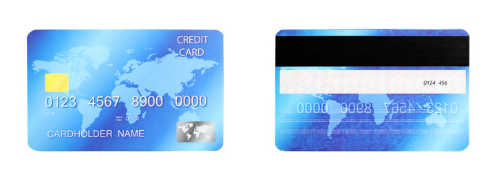 Modern credit card on white background, front and back view. Banner design 