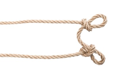Hemp rope with knots isolated on white, top view