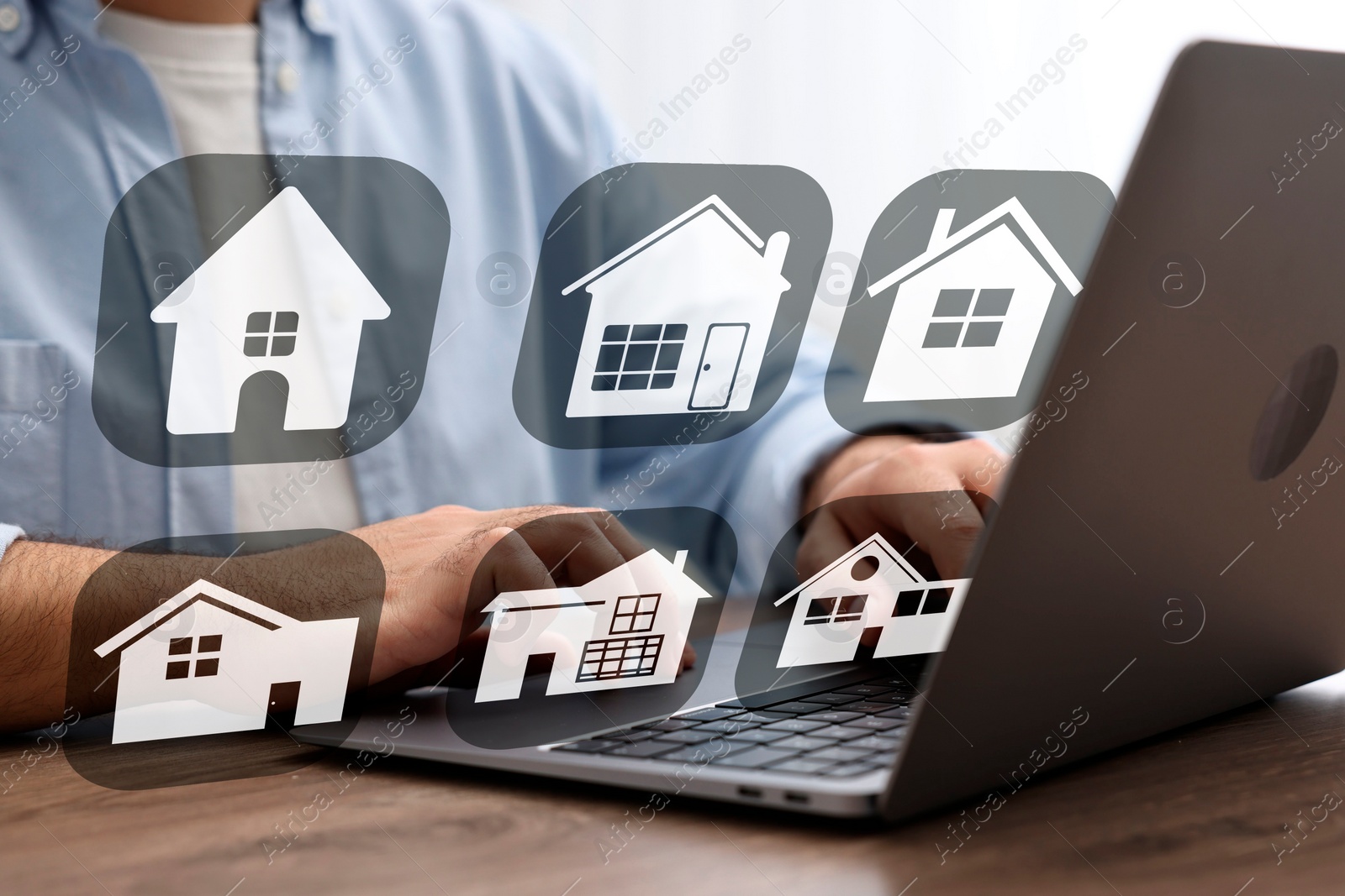 Image of House search. Man choosing home via laptop at table, closeup. Illustrations of different buildings as real estate variations