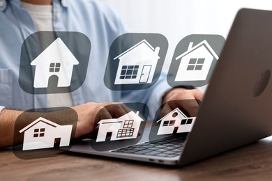 Image of House search. Man choosing home via laptop at table, closeup. Illustrations of different buildings as real estate variations