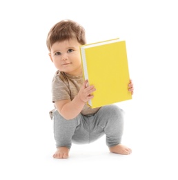Cute baby playing with box on white background