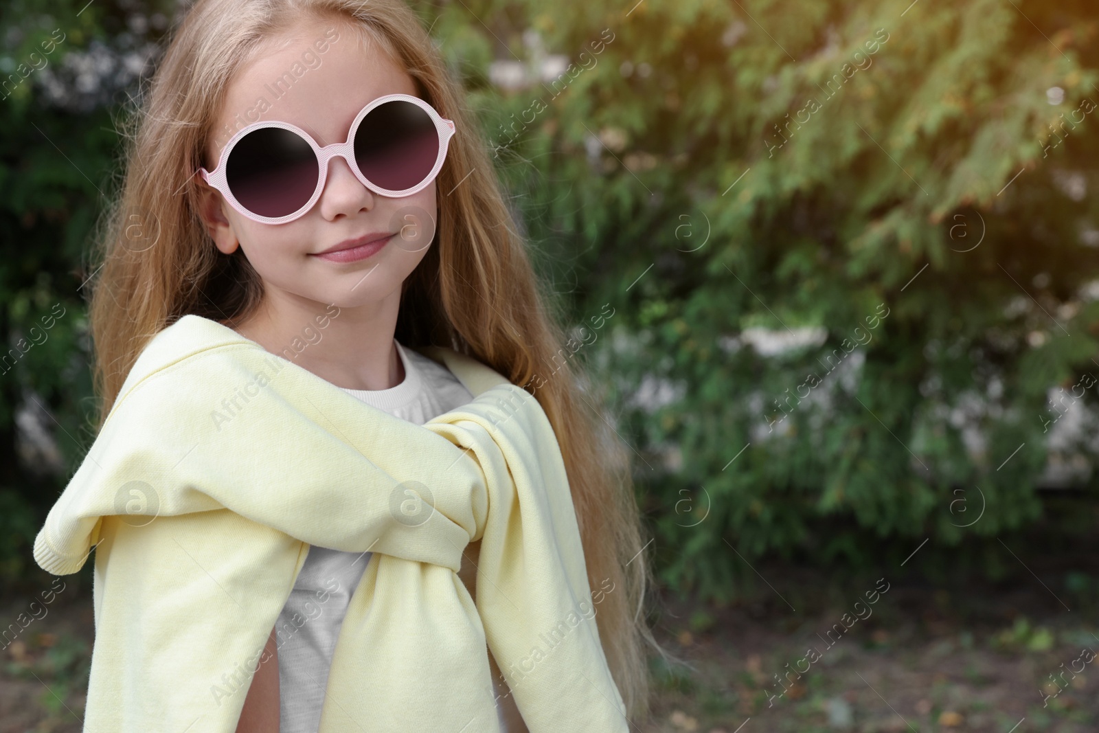 Photo of Girl in stylish sunglasses near spruce trees outdoors, space for text