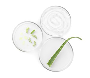 Photo of Petri dishes with aloe plants and cosmetic product isolated on white, top view