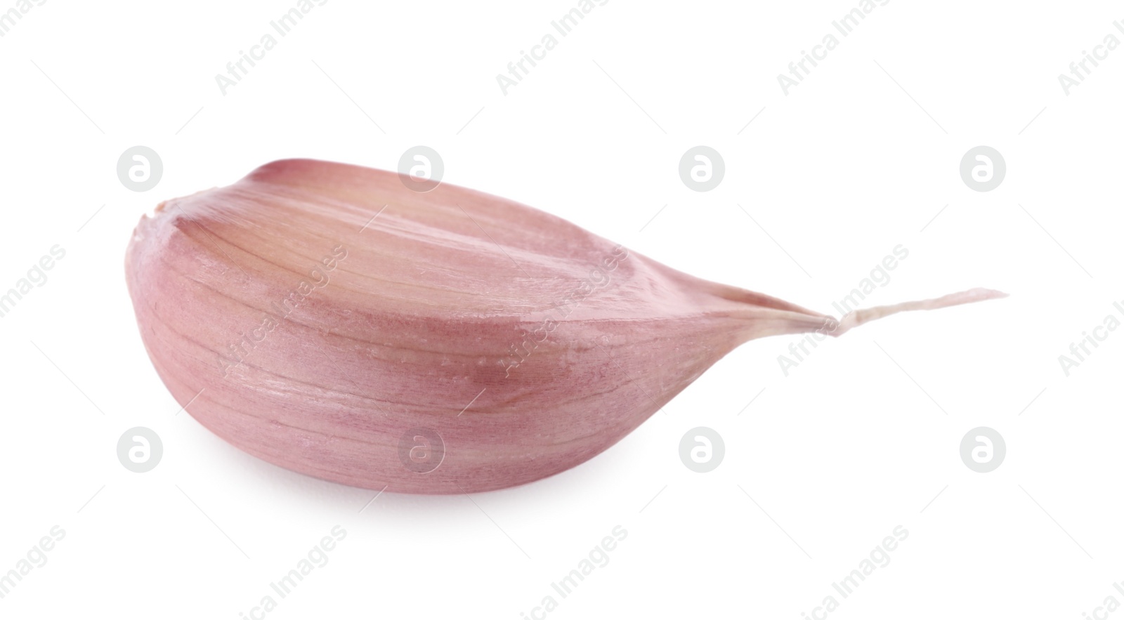 Photo of One unpeeled clove of fresh garlic isolated on white