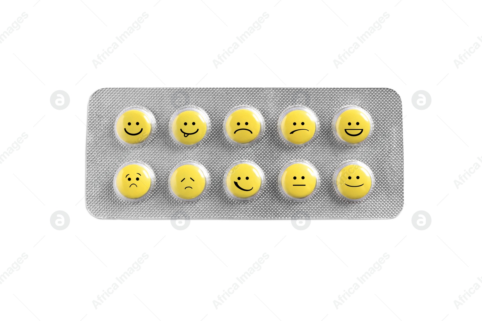 Image of Yellow pills with different emotional faces in blister on white background