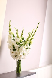 Photo of Vase with beautiful white gladiolus flowers on wooden table near color wall