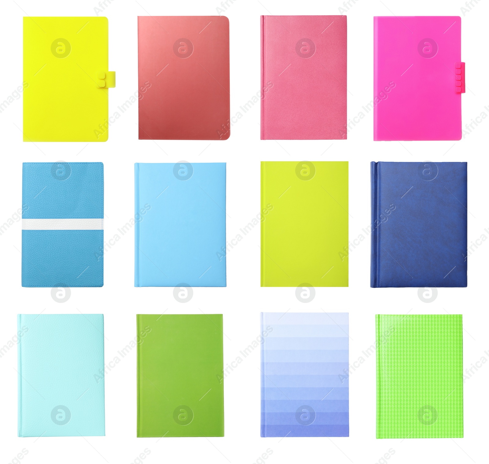 Image of Set with stylish colorful notebooks on white background, top view