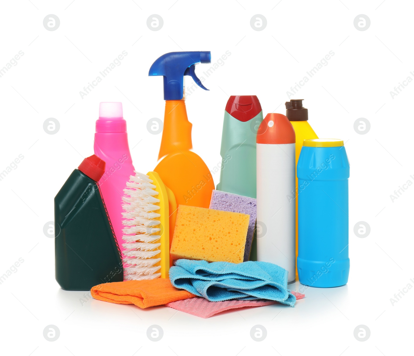 Photo of Different cleaning supplies on white background