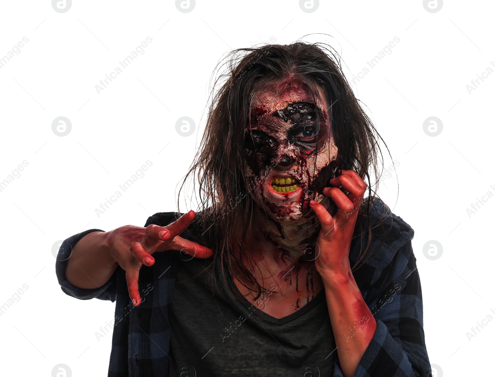 Photo of Scary zombie on white background. Halloween monster