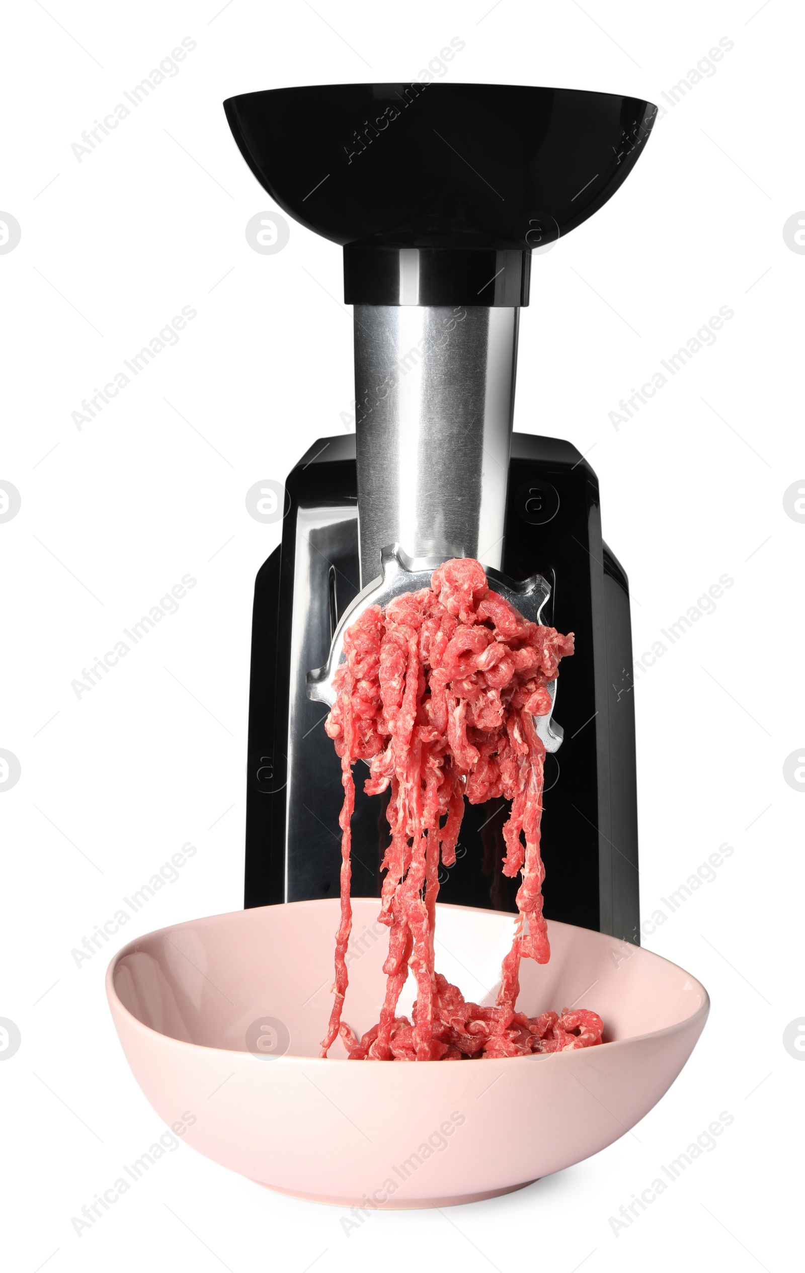 Photo of Electric meat grinder with beef mince isolated on white