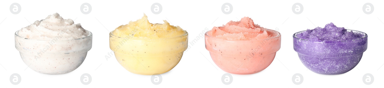 Image of Set with different body scrubs in bowls on white background. Banner design