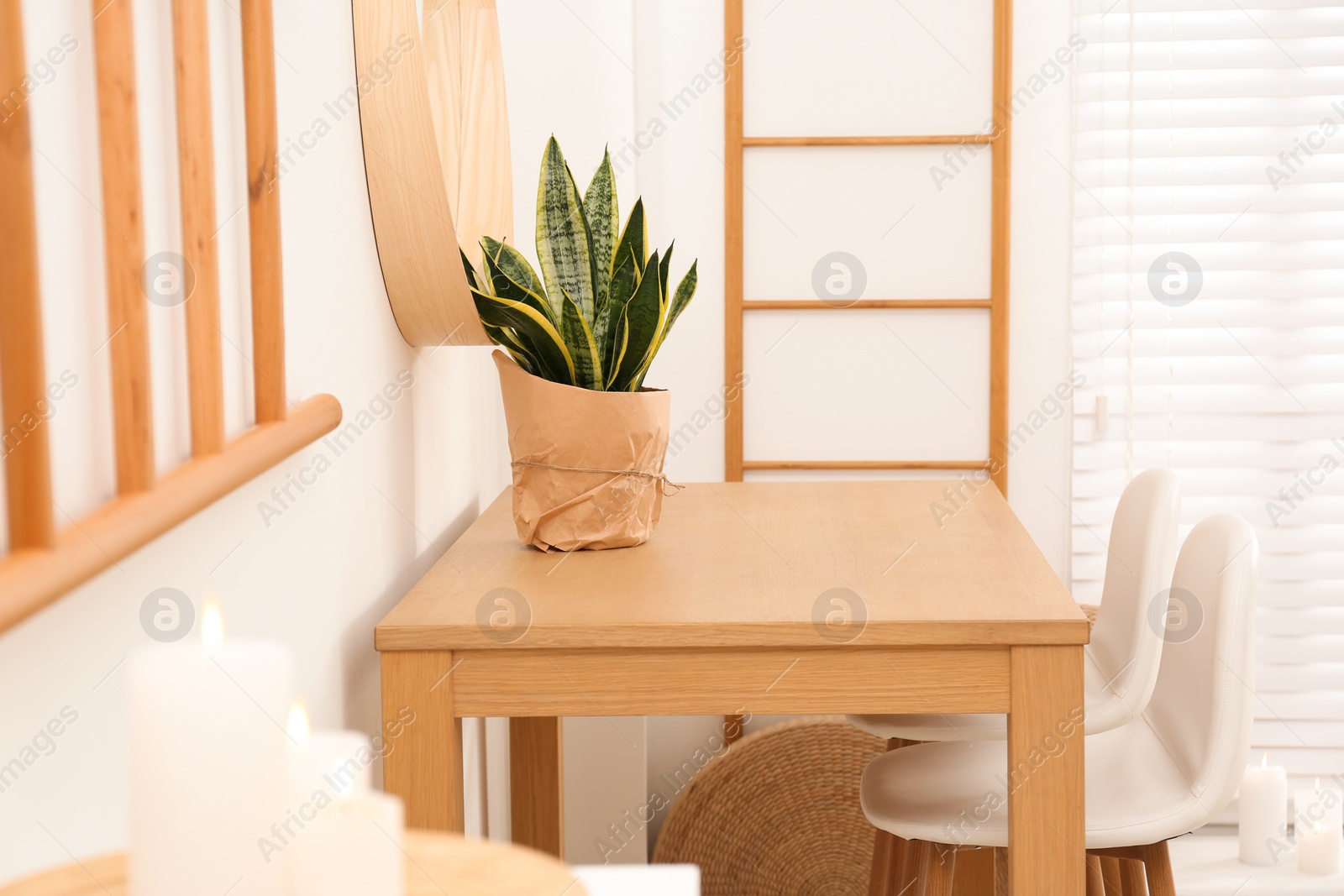 Photo of Stylish room interior with wooden table and potted plant