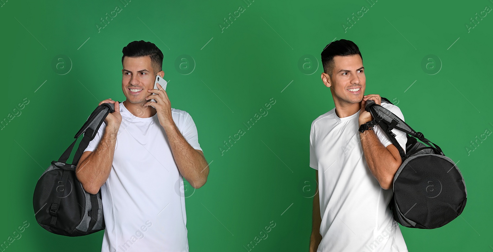 Image of Man with sports bag on green background, collage. Banner design 