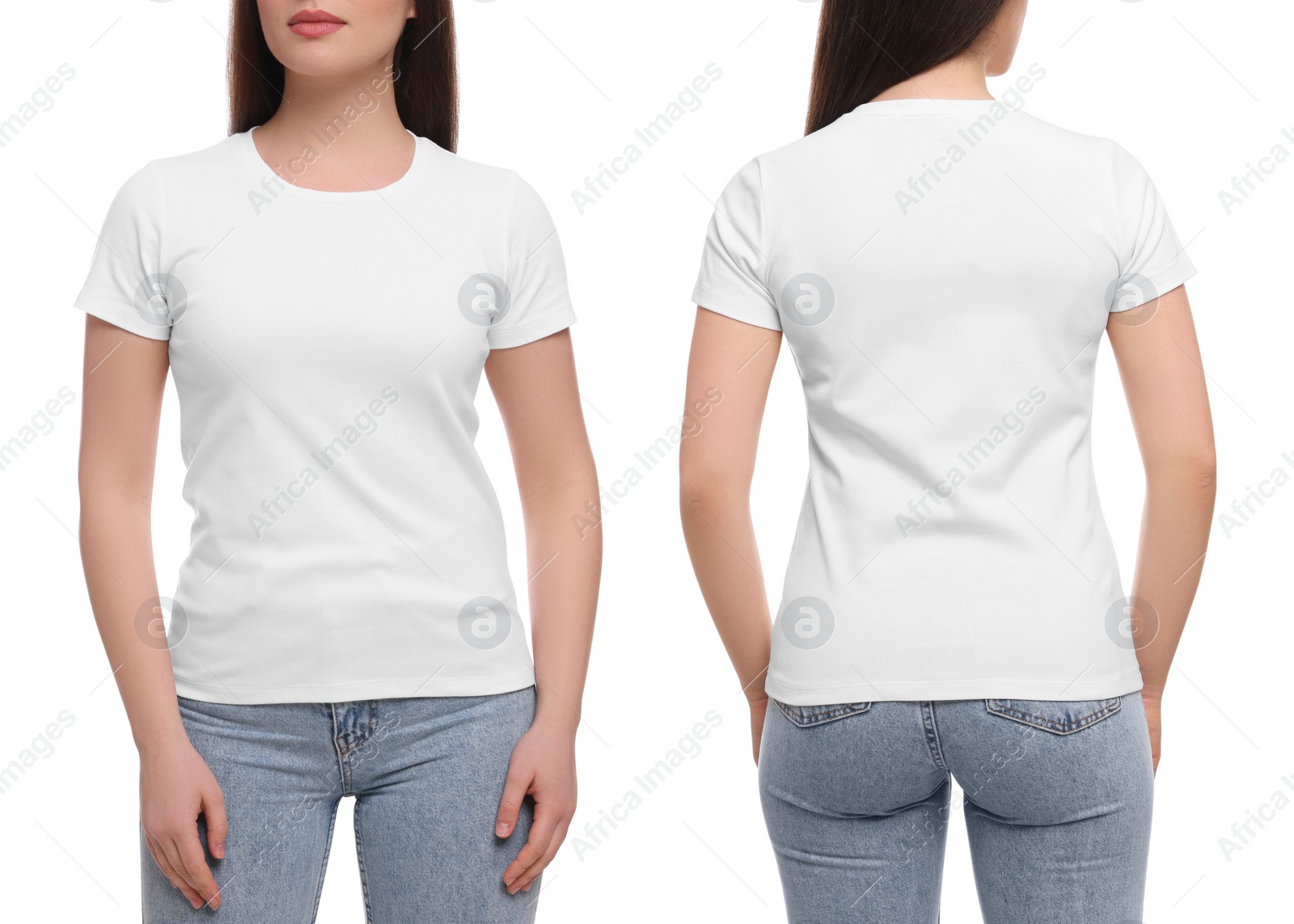 Image of Woman wearing casual t-shirt on white background, closeup. Collage with back and front view photos. Mockup for design