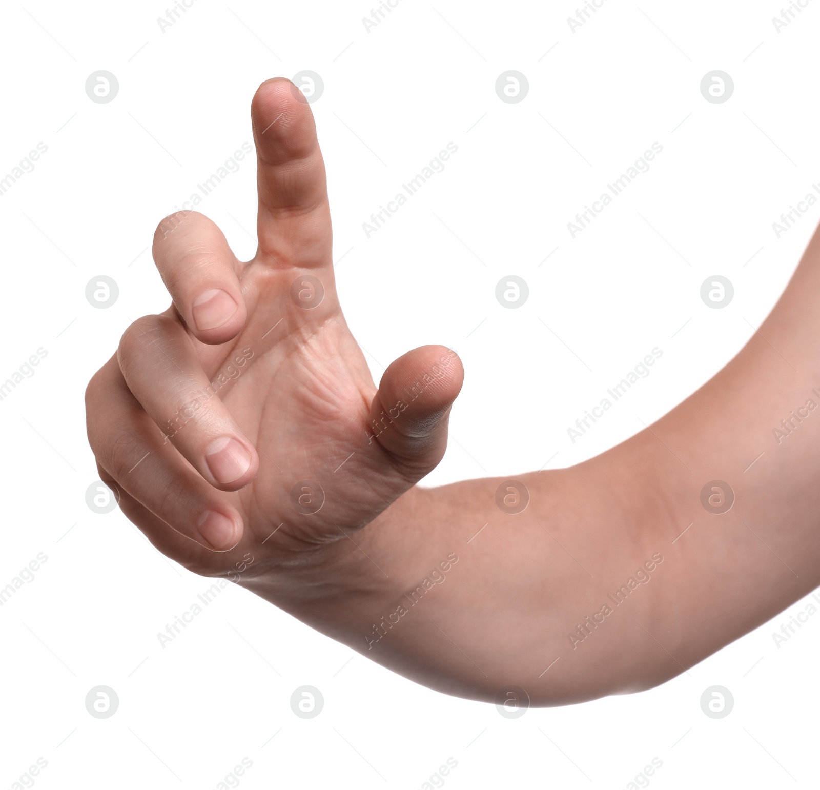 Photo of Man holding something in hand on white background, closeup