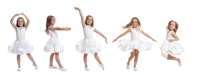 Image of Collage with photos of cute little girl dancing on white background. Banner design
