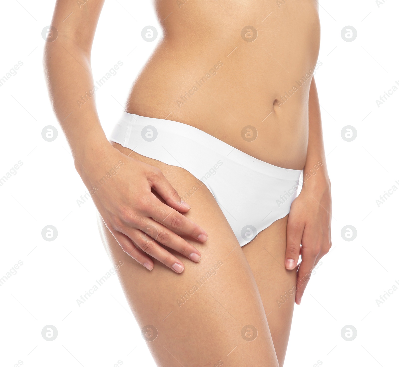 Photo of Young woman showing smooth skin after bikini epilation on white background