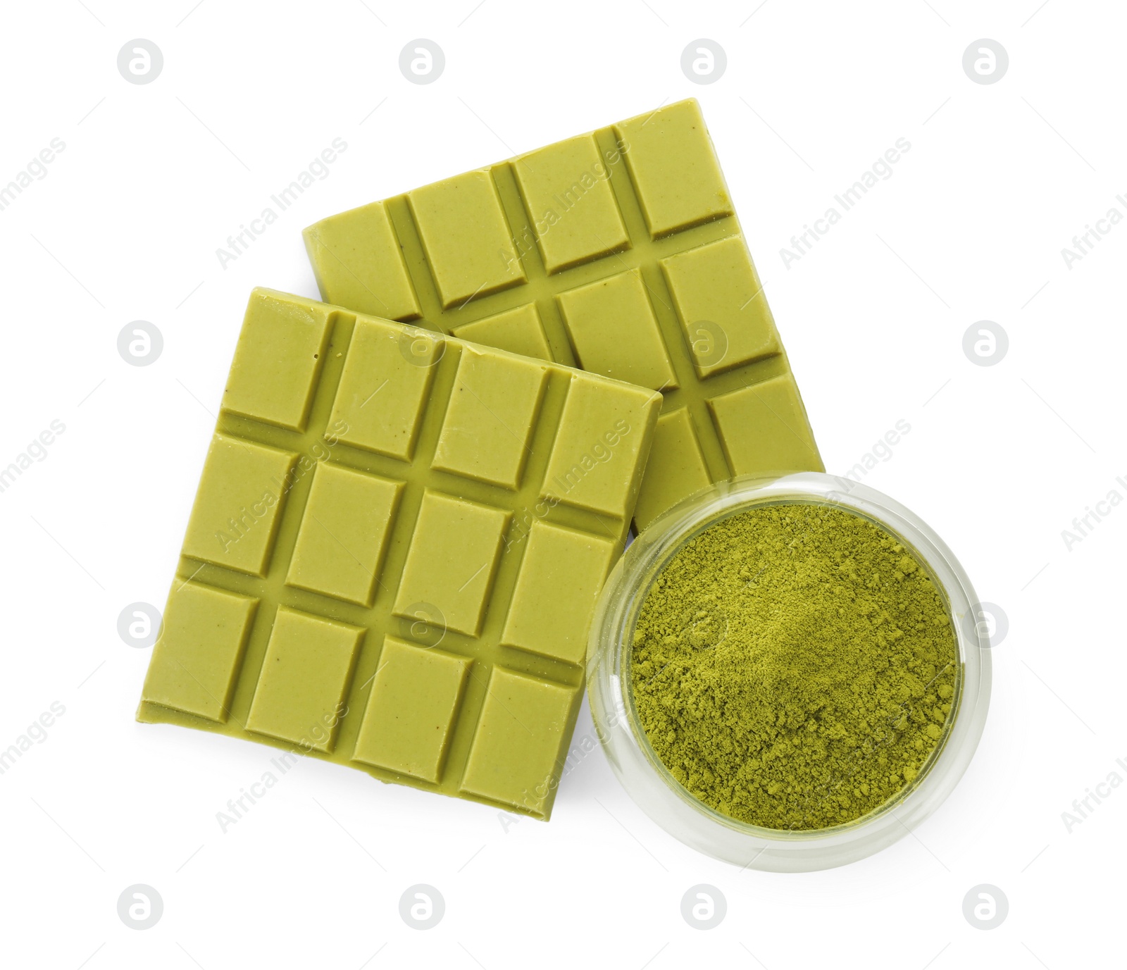 Photo of Pieces of tasty matcha chocolate bar and powder isolated on white, top view