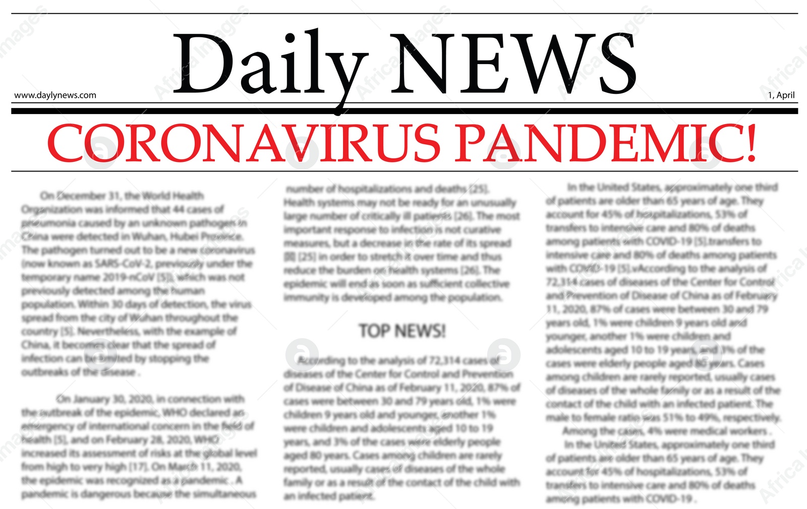 Illustration of Closeup view of newspaper with headline CORONAVIRUS PANDEMIC!
