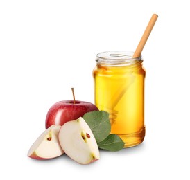 Image of Honey in glass jar and apples isolated on white