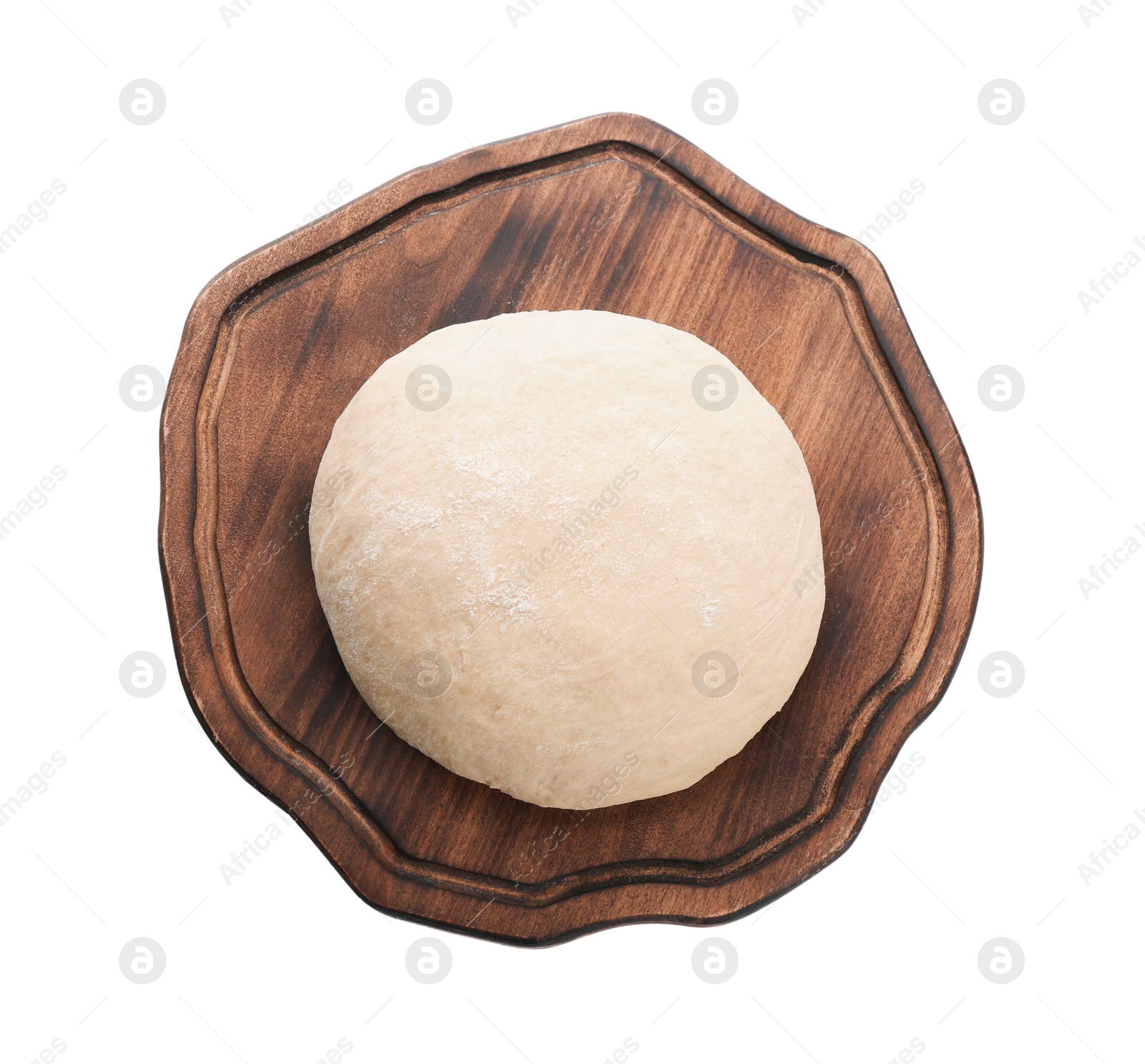 Photo of Wooden board with raw dough on white background, top view