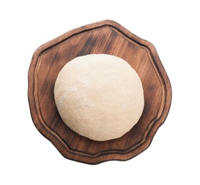 Photo of Wooden board with raw dough on white background, top view