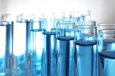 Photo of Test tubes with blue liquid on white background, closeup. Laboratory glassware