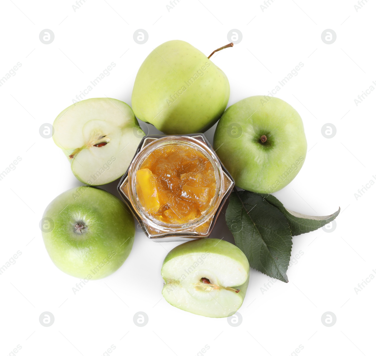 Photo of Glass jar of delicious apple jam and fresh fruits isolated on white, top view