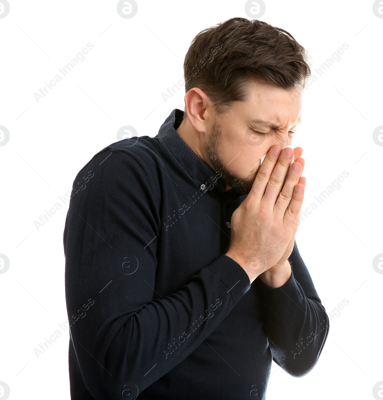 Photo of Man suffering from cold isolated on white