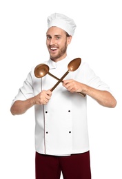 Photo of Professional chef with kitchen tools on white background