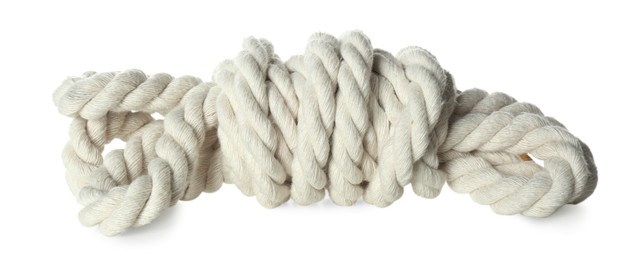 Photo of Bundle of cotton rope on white background