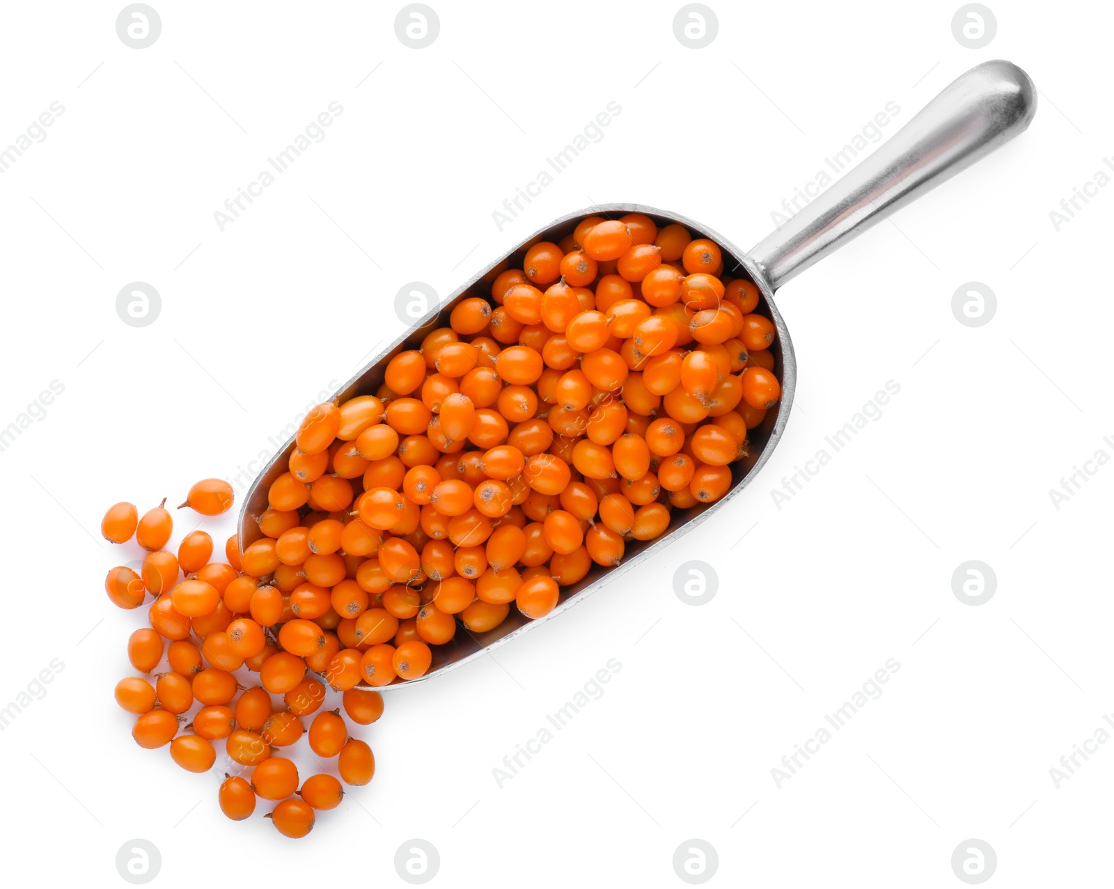 Photo of Scoop with fresh ripe sea buckthorn berries on white background, top view